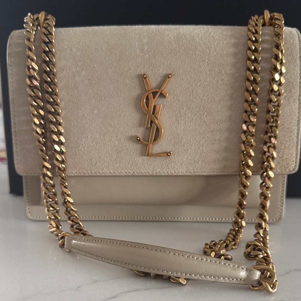 Saint Laurent Cream Suede & Leather Crossbody with Gold Hardware